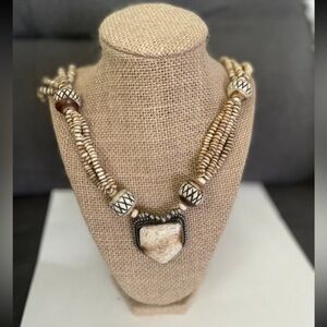 Silver Antique Vintage Native American sterling carved bone necklace.